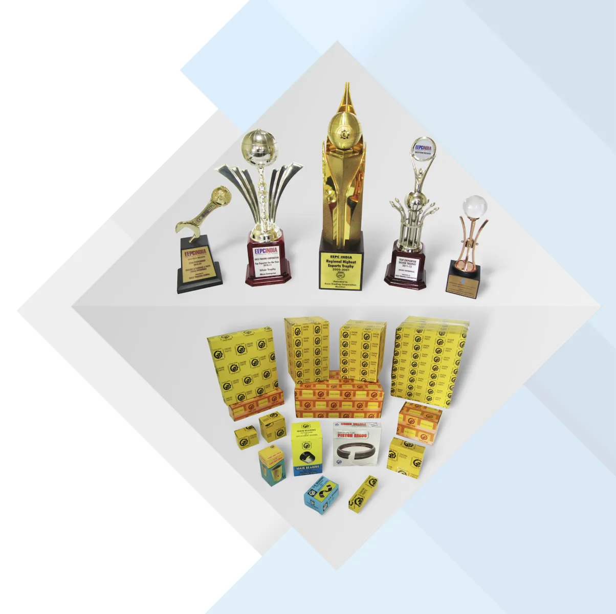 Geco Trading Corporation award trophies and GTC brand product packaging